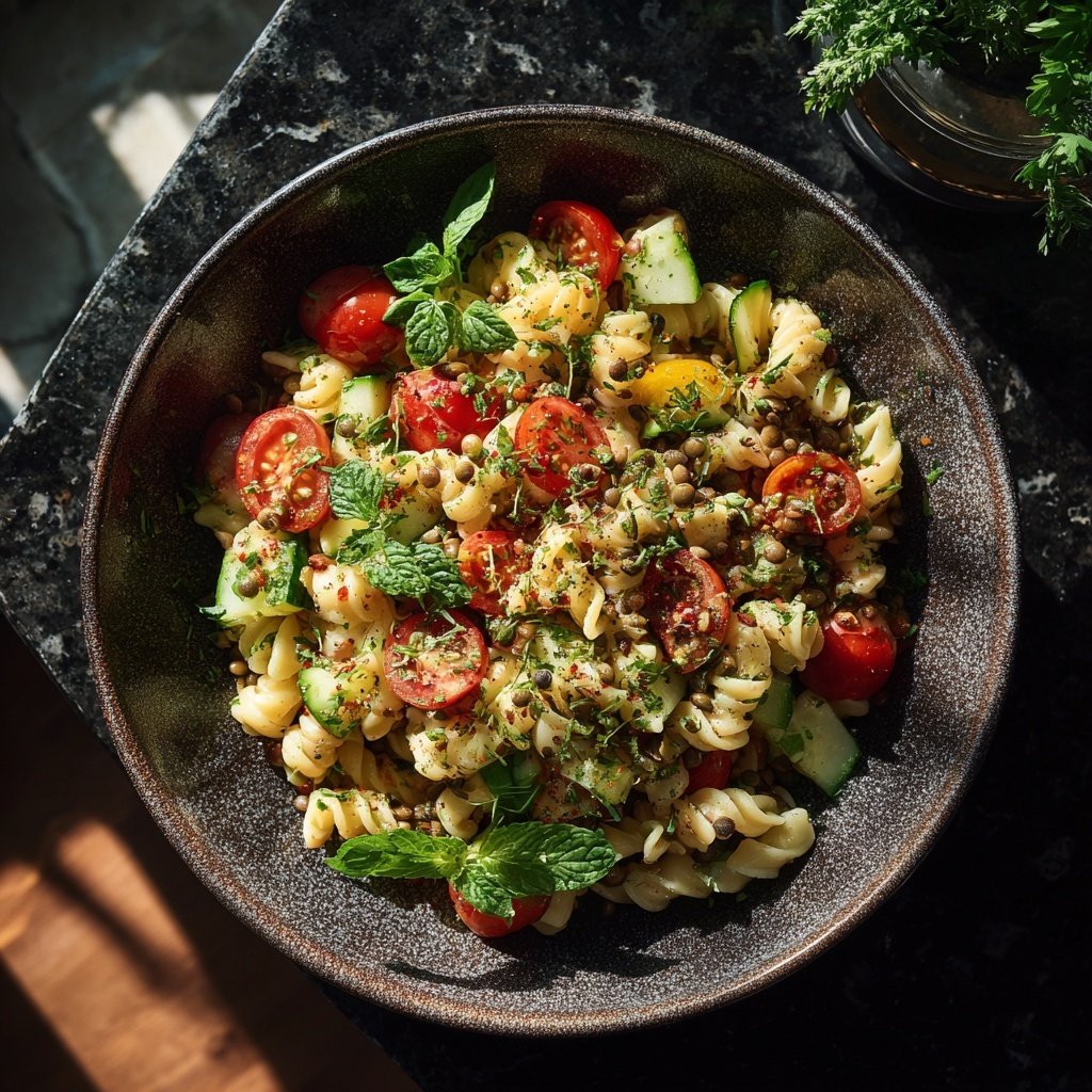 Mediterraner Nudelsalat Mit Linsen